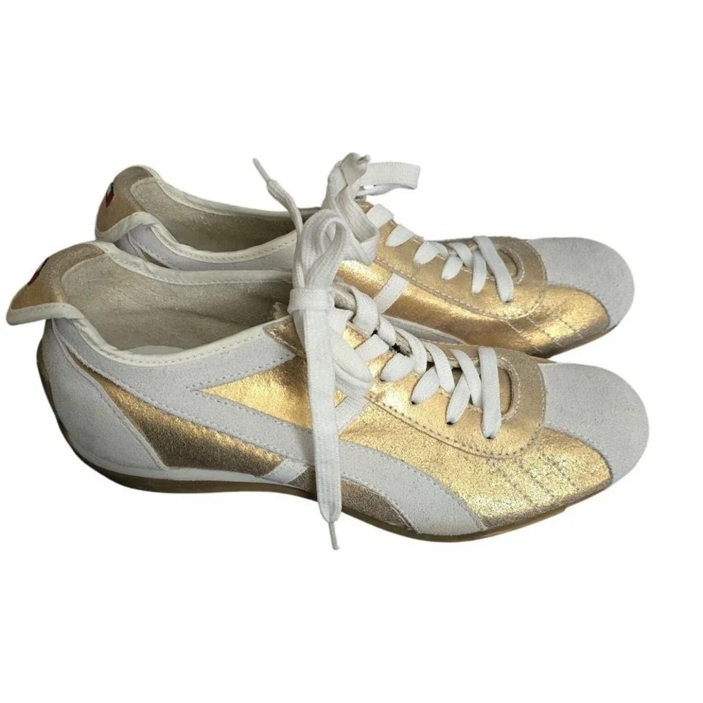 Tommy Girl‎ Metallic Gold White Leather Sneakers Trainers Size 9W EUC